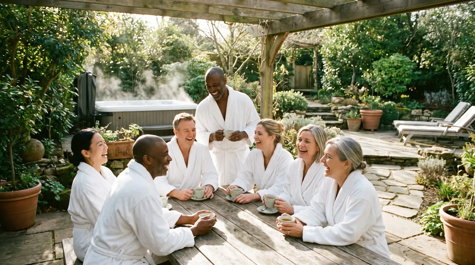 Friends laughing together at a spa-style garden