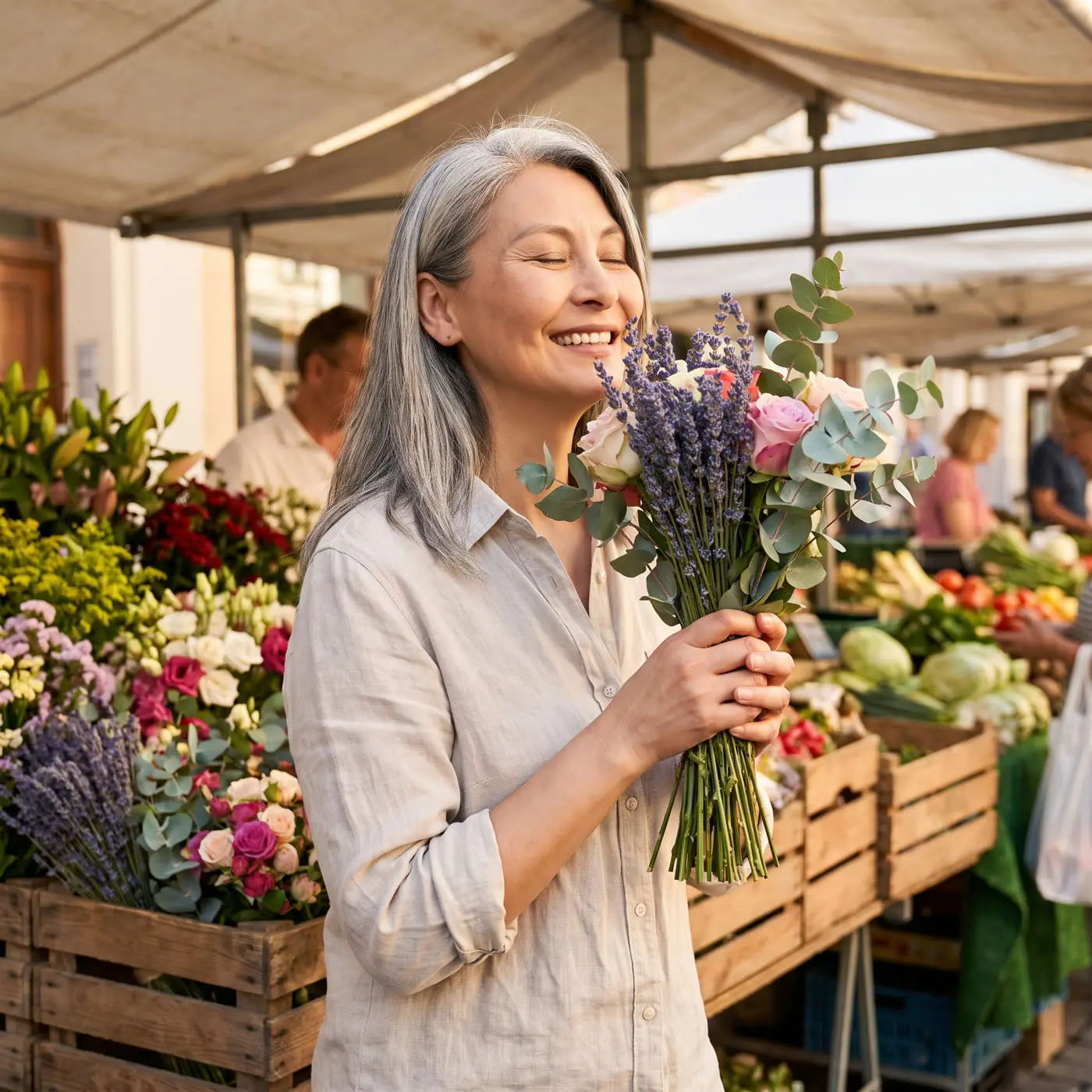 A woman smelling fresh flowers in a sunny market