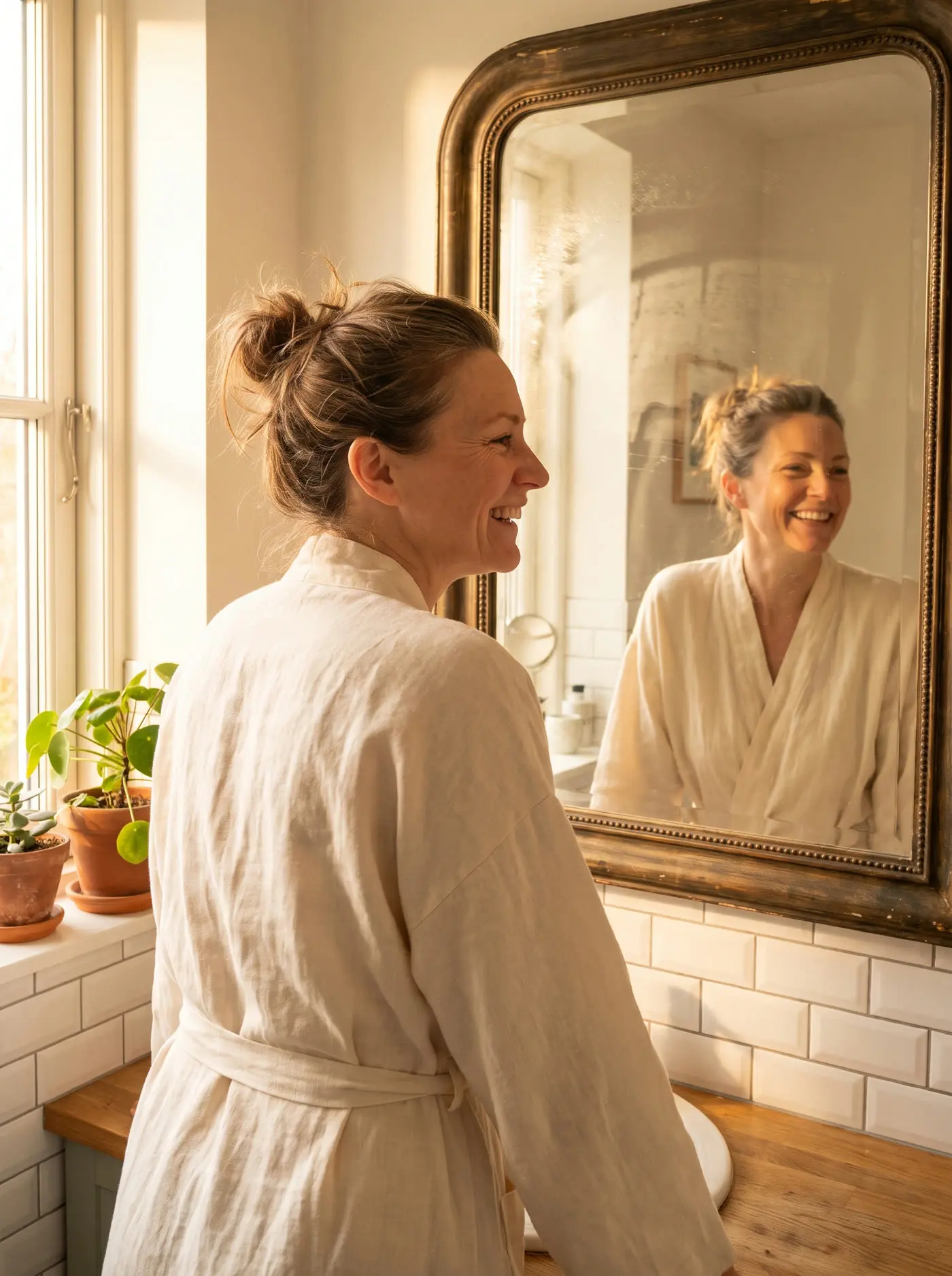 A woman smiling at her bathroom mirror in morning light