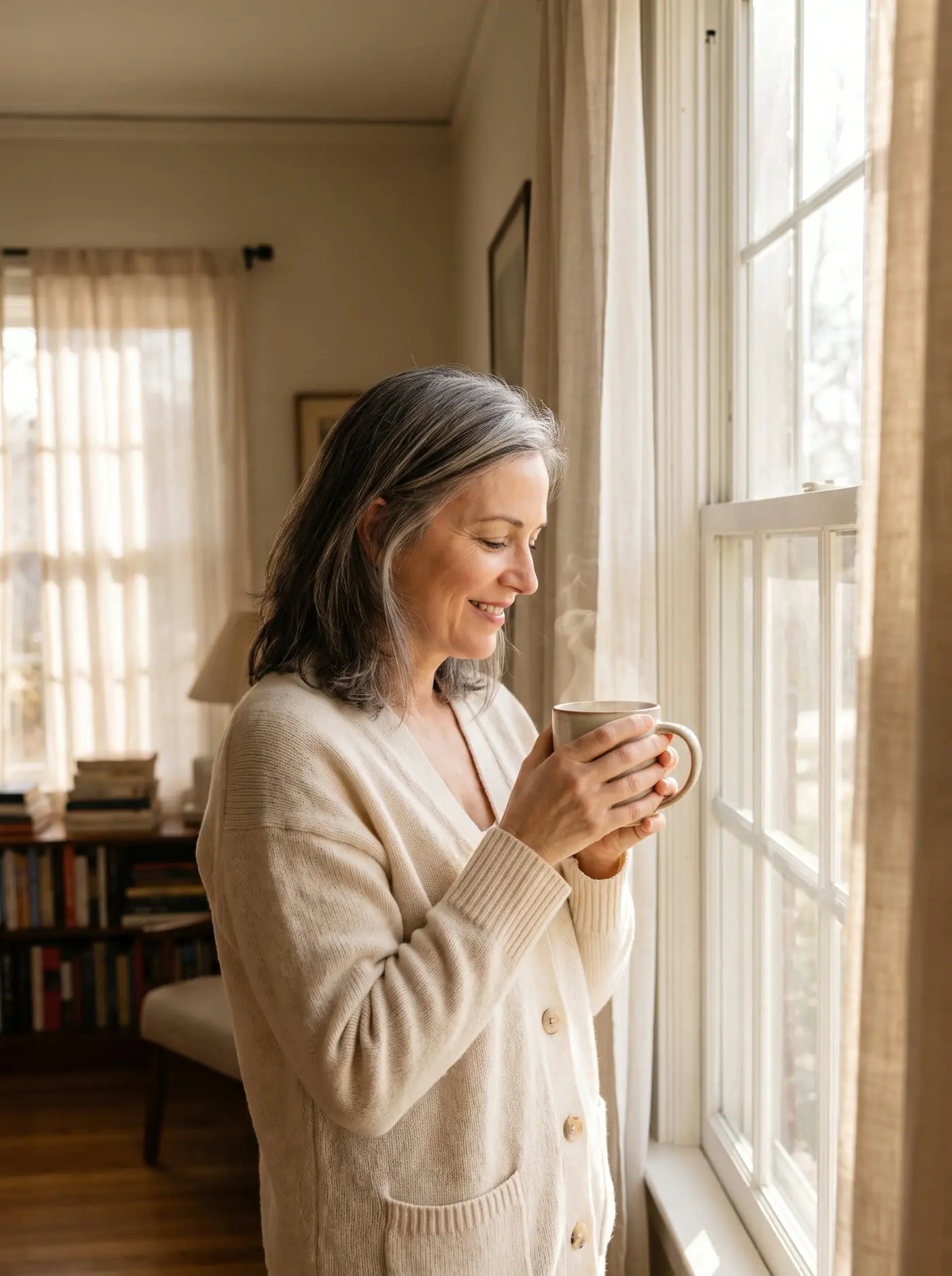 A woman holding a cup of tea in a sunny window