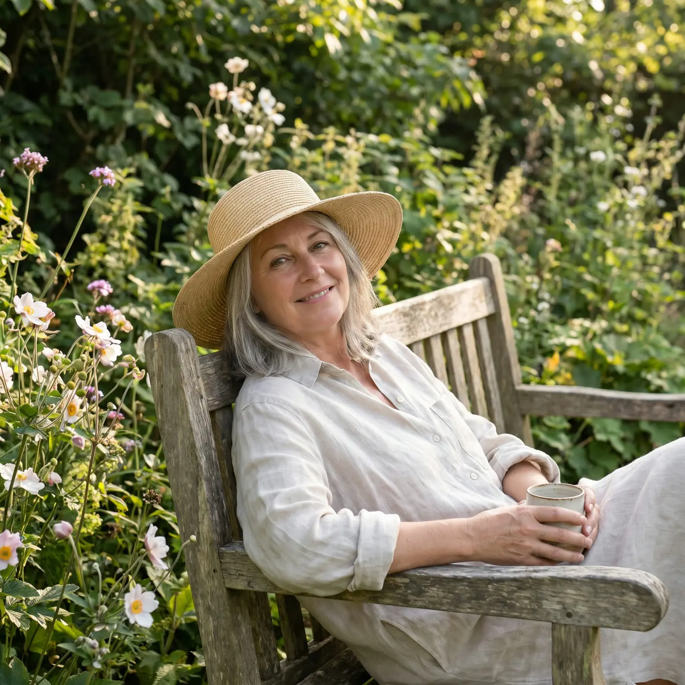 A woman relaxing outdoors in a sun hat
