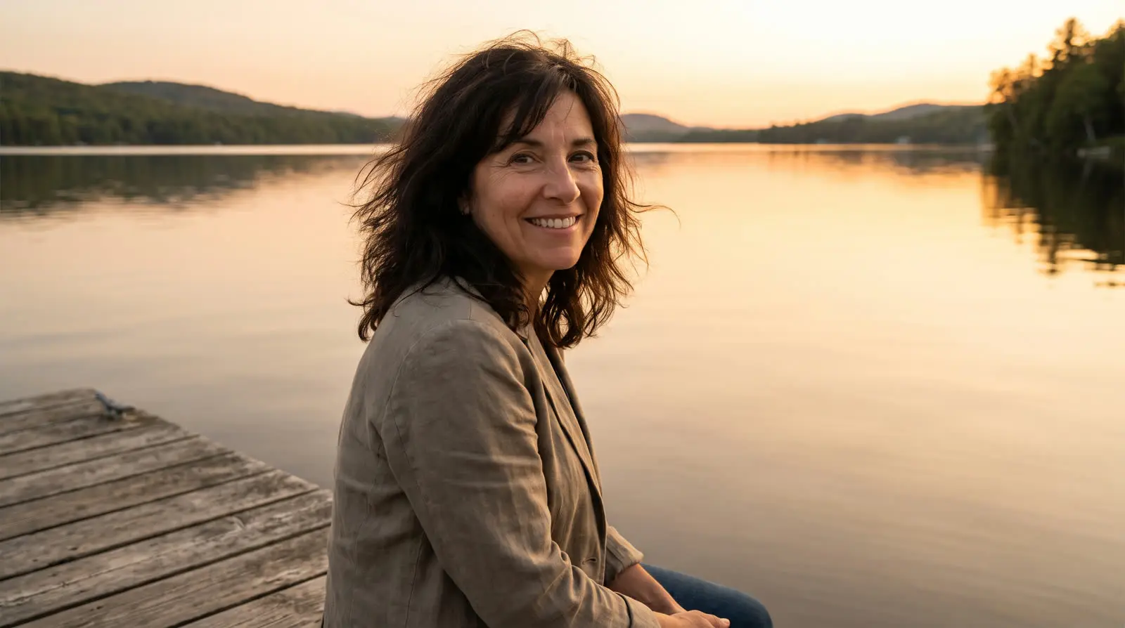 A woman smiling at golden hour by the water