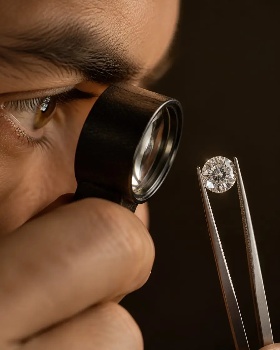 A jeweler examining a diamond through a loupe