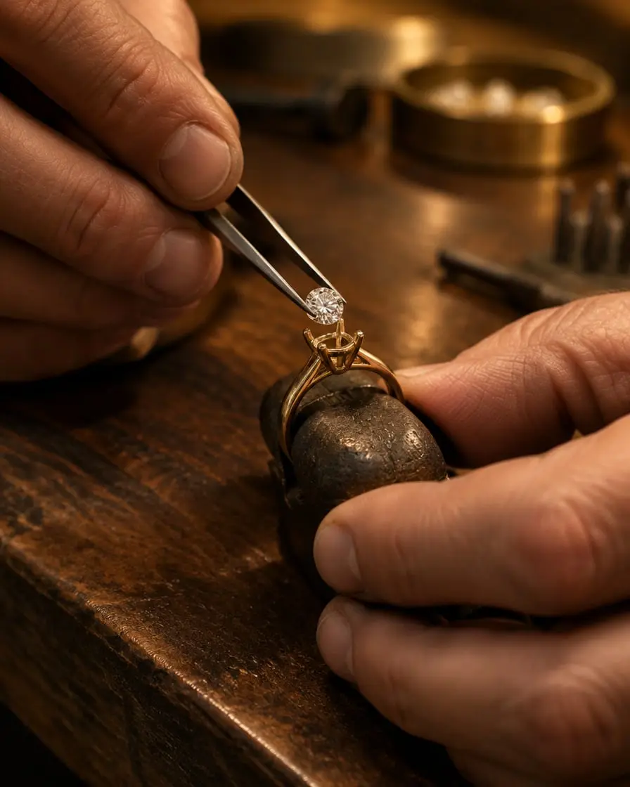 Setting a diamond into a gold ring with tweezers