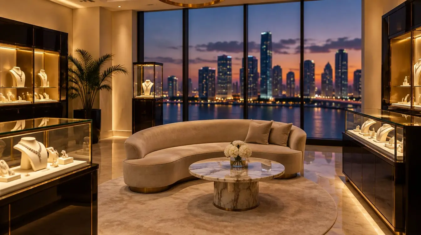 The Elenatti salon overlooking Miami at dusk