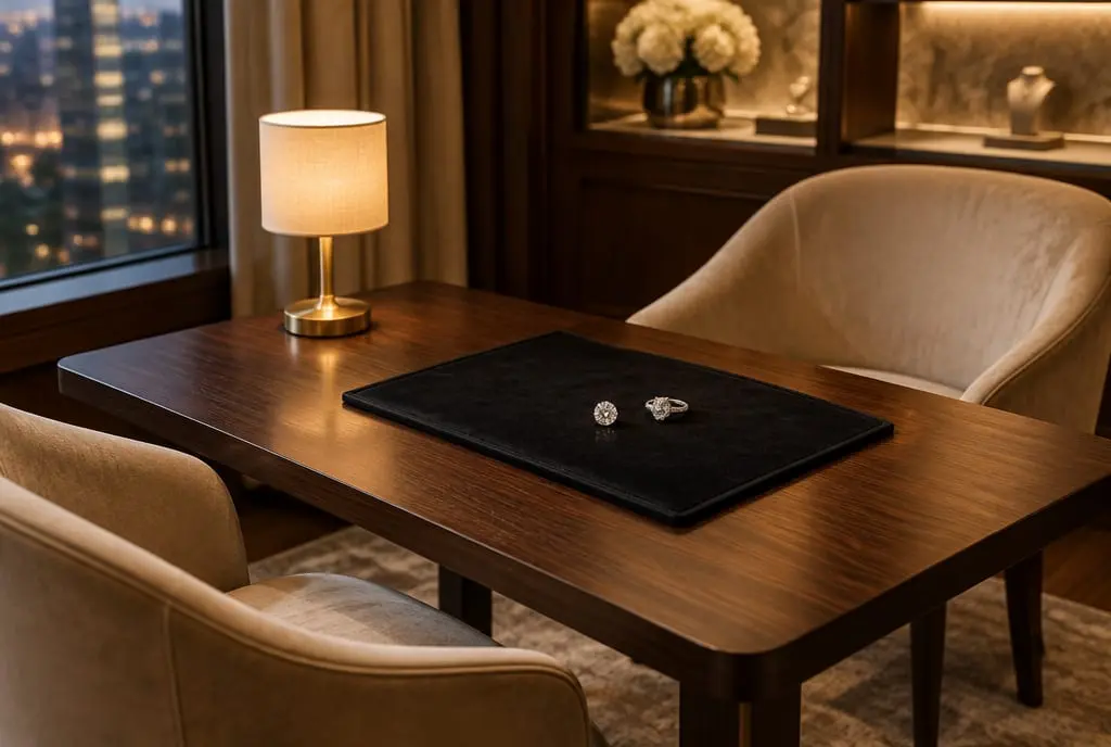 A private consultation table with a black velvet tray and two rings