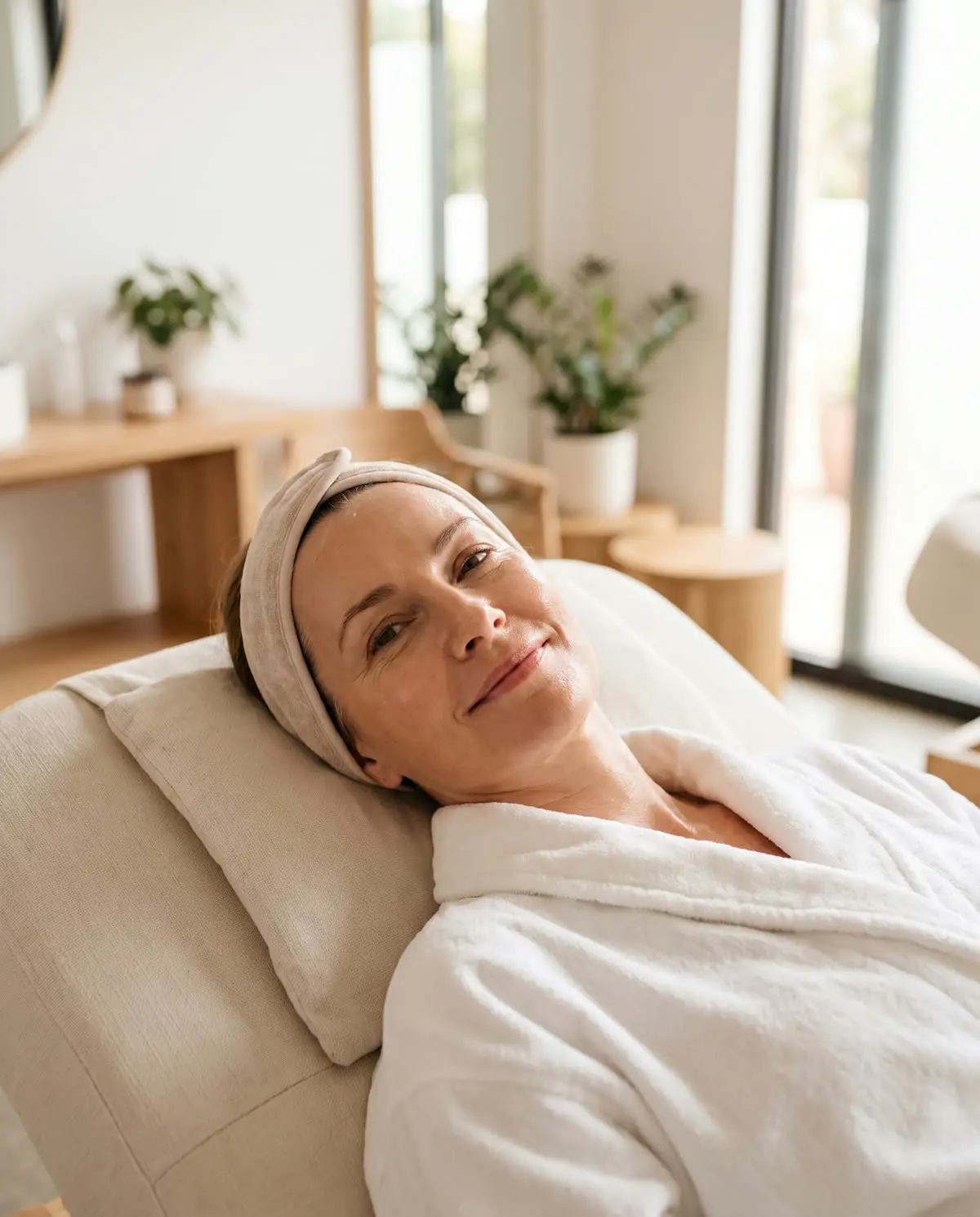 A woman relaxing in a white robe in a bright spa treatment room