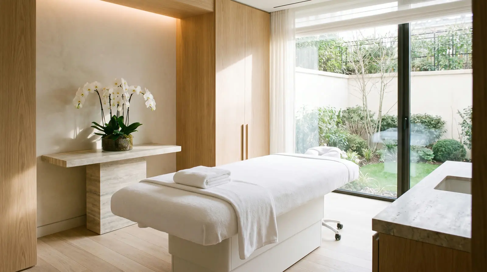 A serene spa treatment room with a white bed and orchids