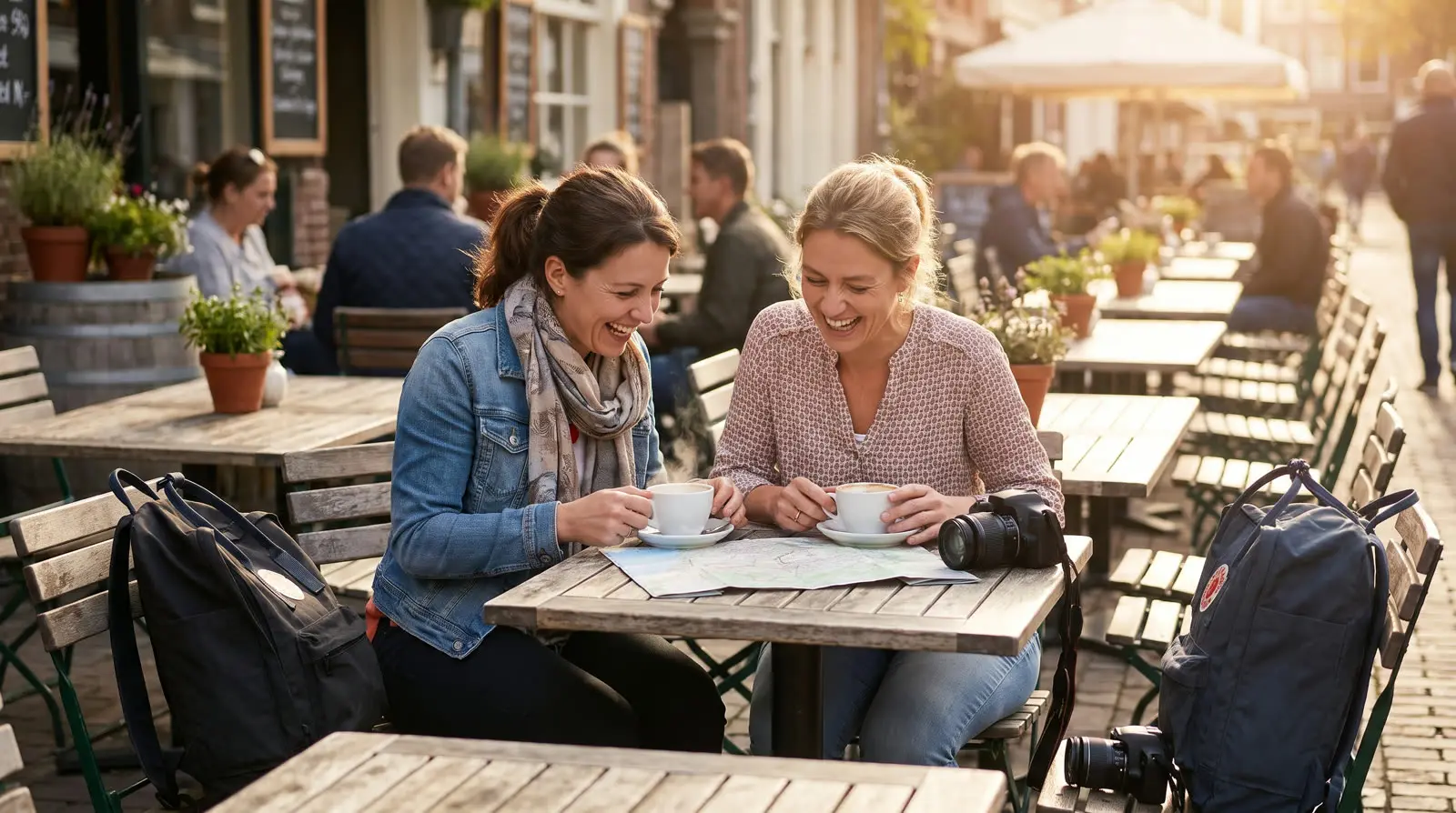 Two friends laughing over coffee on a sunny cafe patio