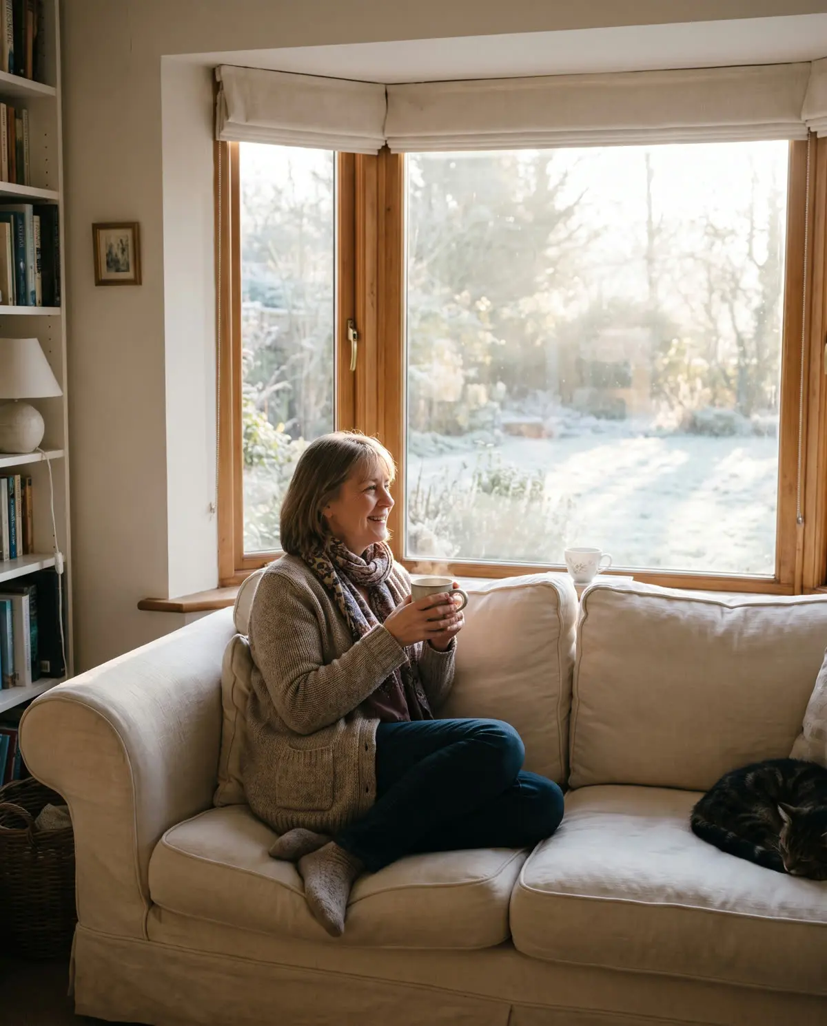 A woman relaxing with tea on a sofa by a bright window