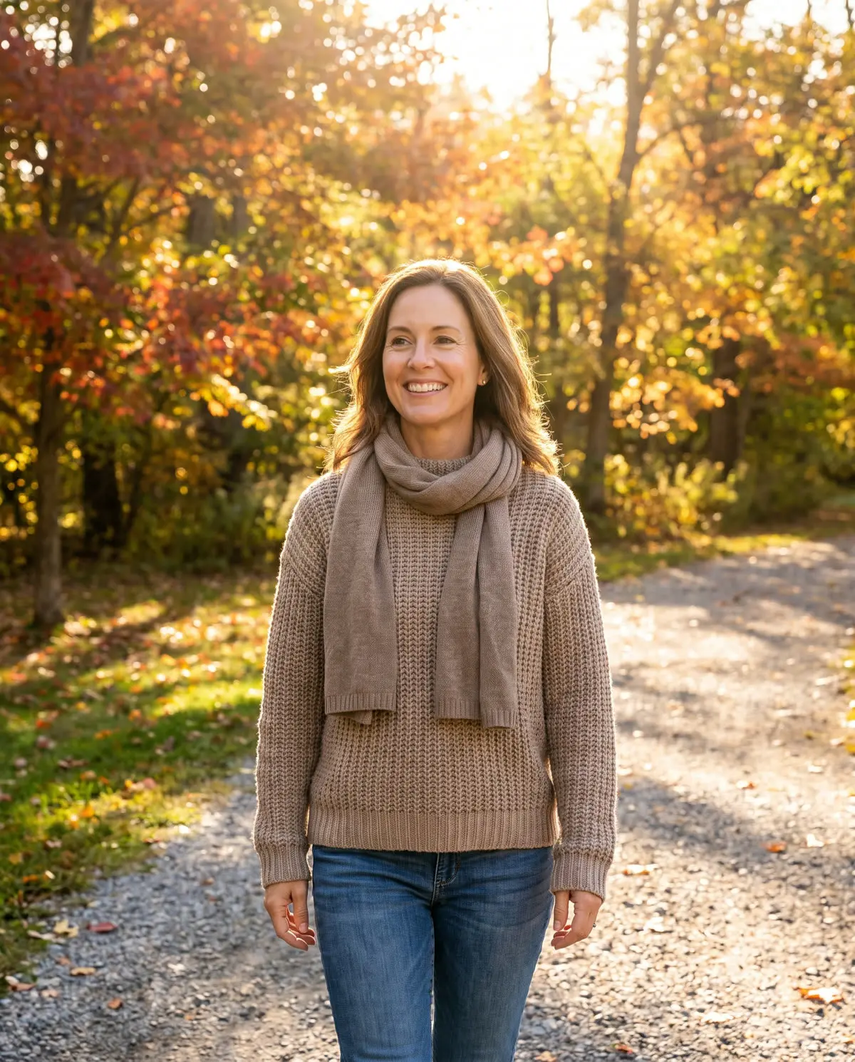 A woman walking in a park in autumn sunlight