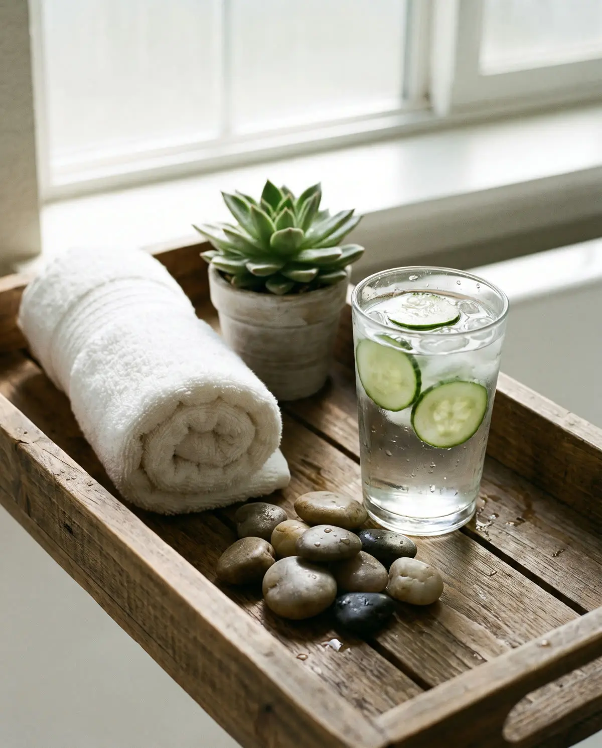 A spa tray with a rolled towel, a plant and cucumber water