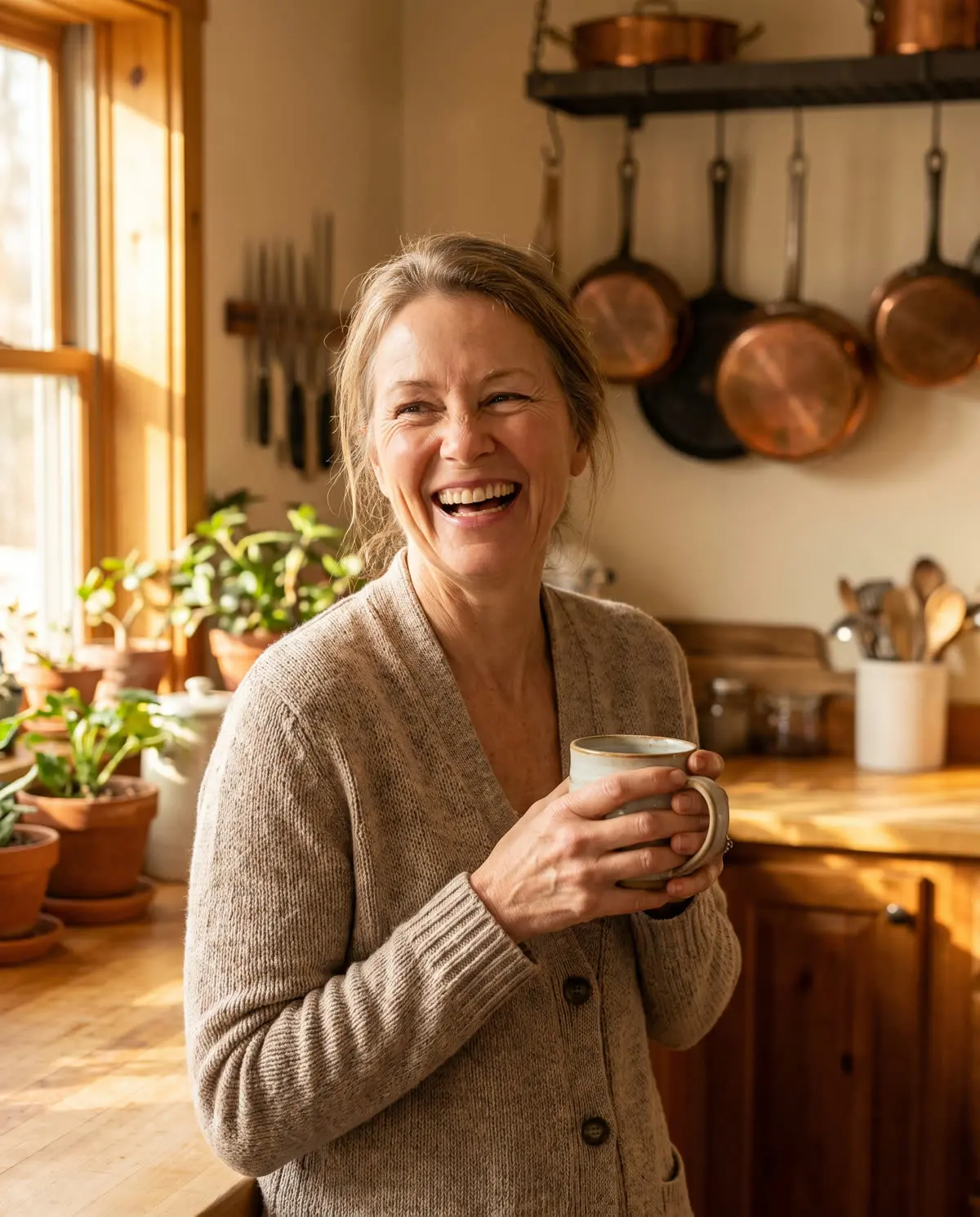 A woman laughing in a sunlit kitchen holding a mug