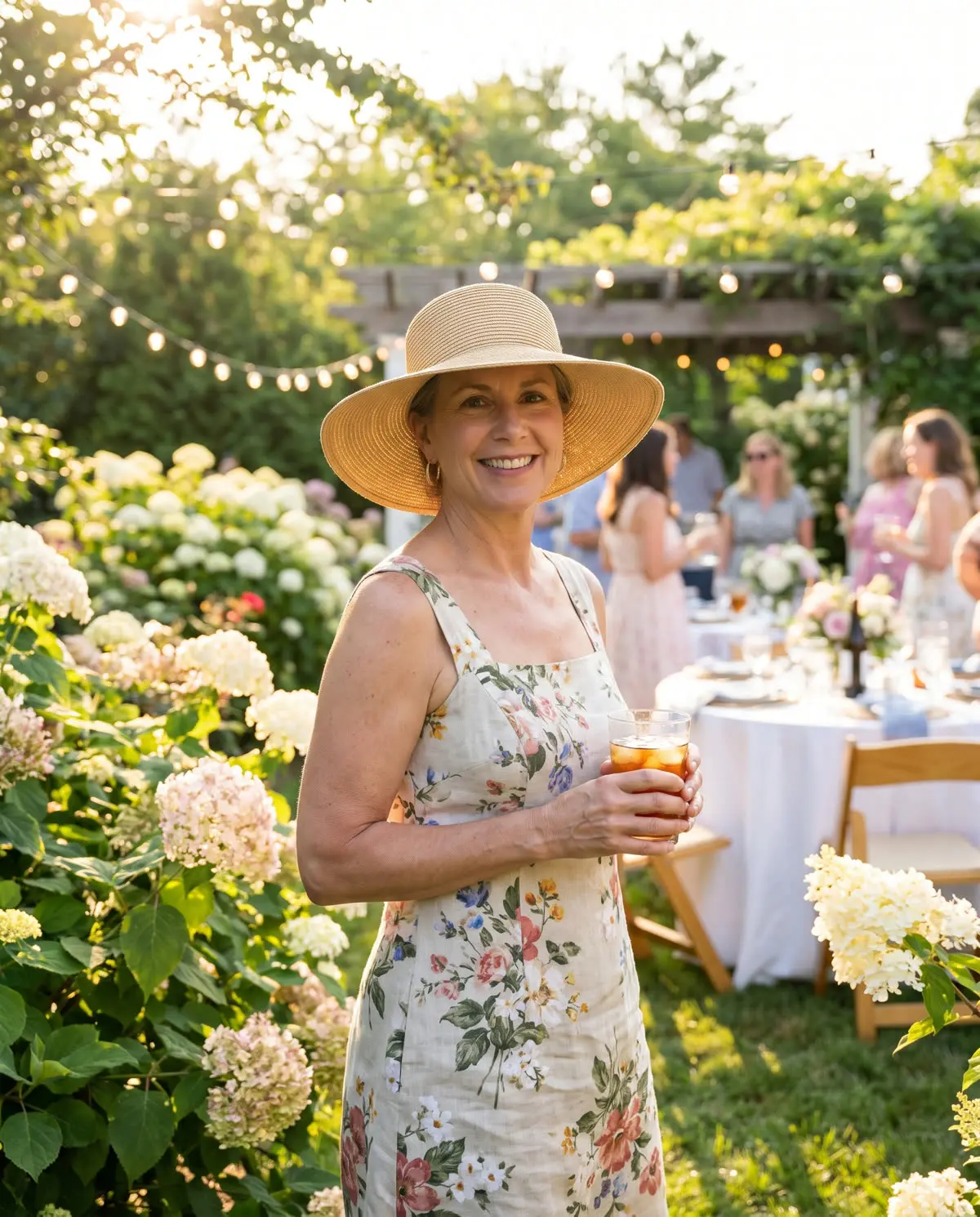A woman in a sun hat at a garden party
