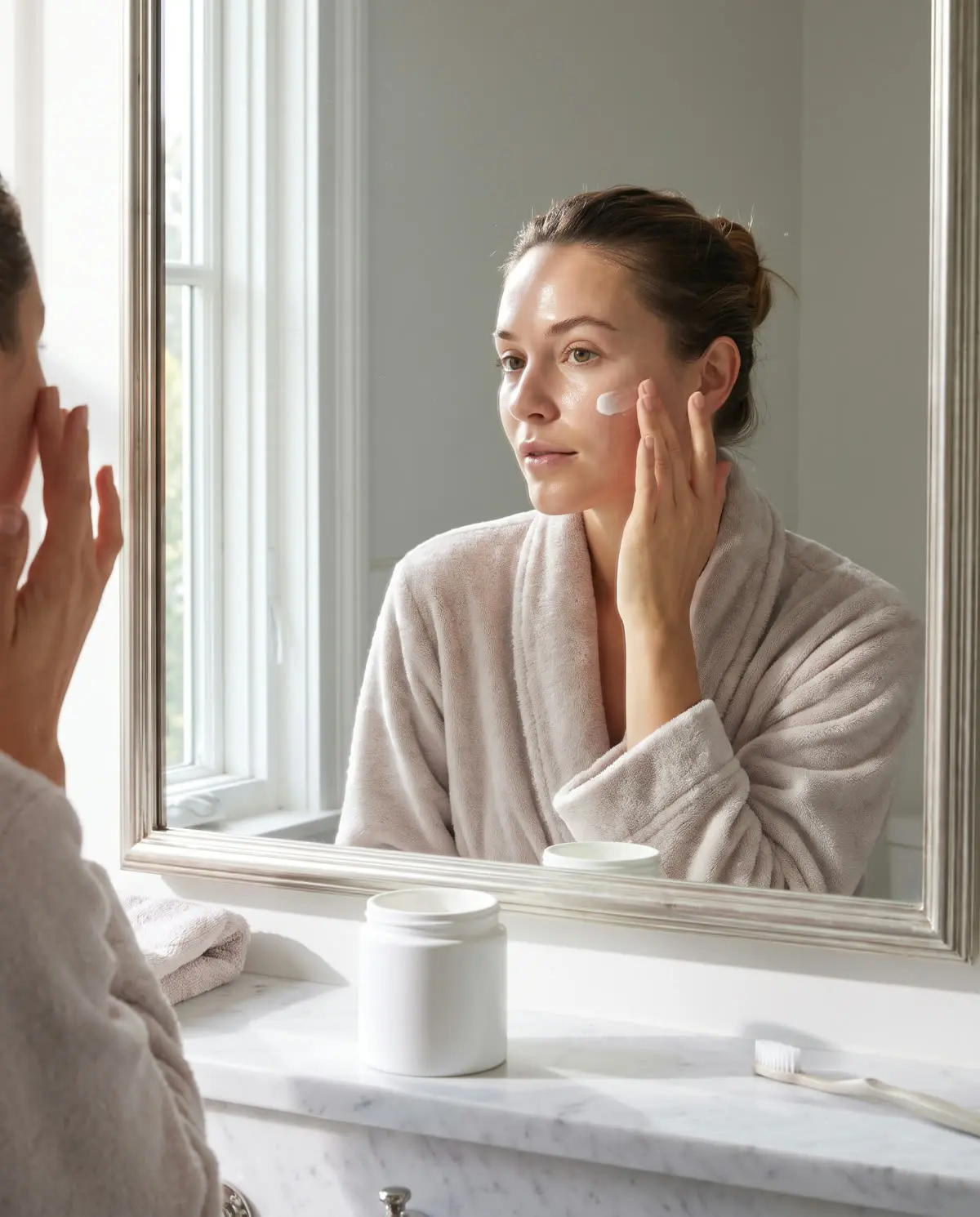 A woman applying cream to her cheek at a bathroom mirror