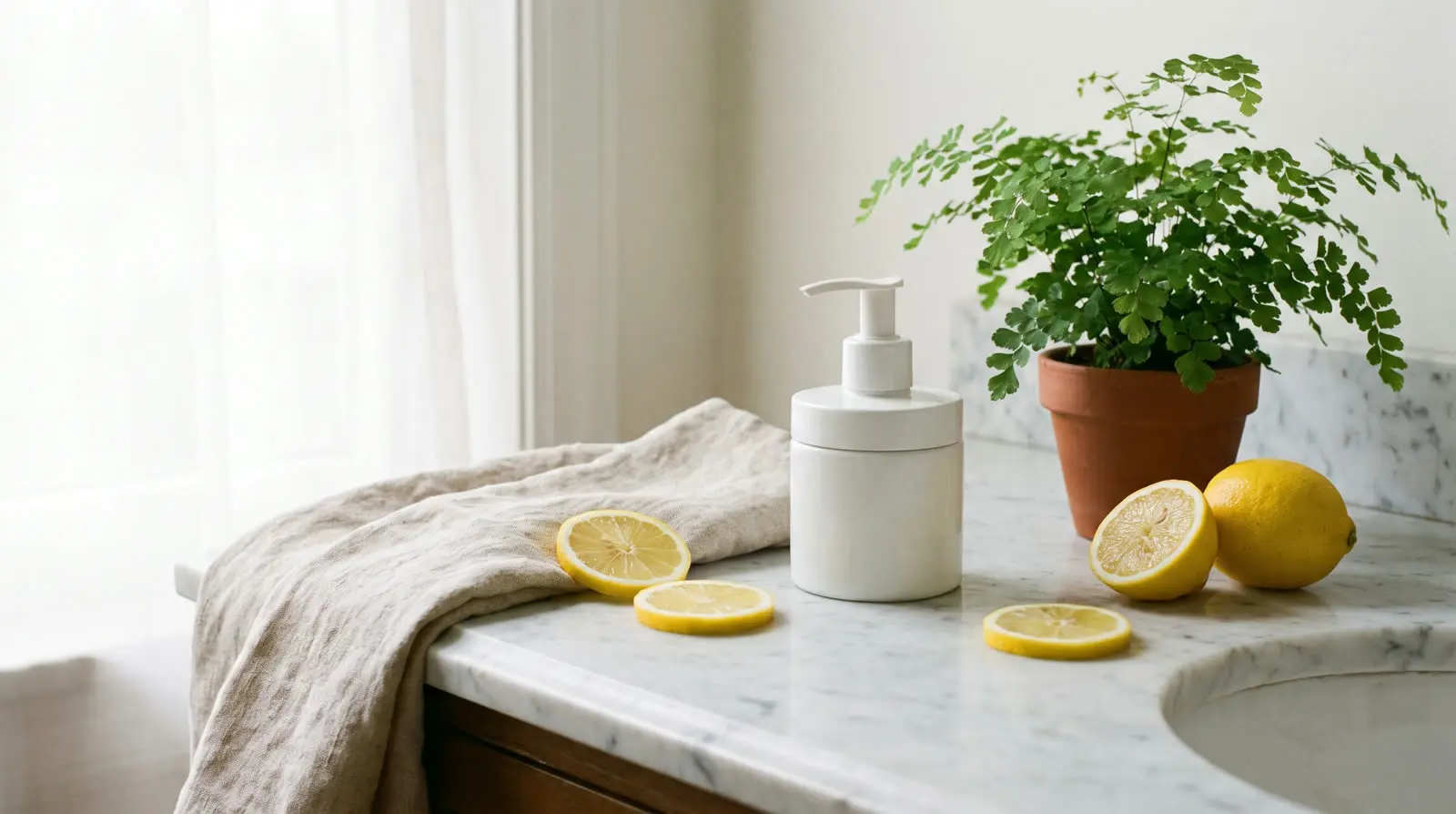 A marble vanity with an unlabeled pump jar, towel and lemon slices