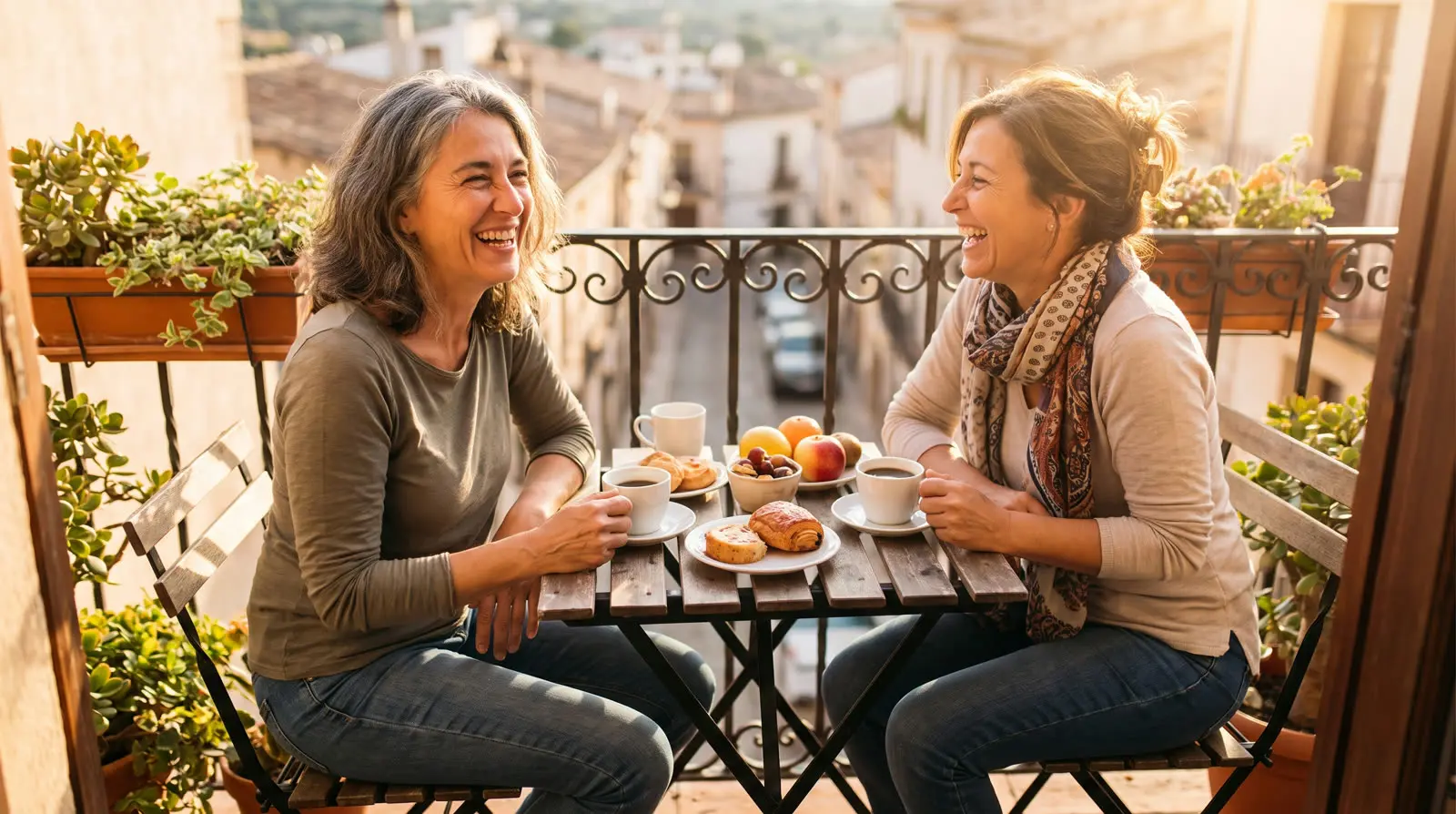 Two friends laughing over breakfast on a sunny balcony