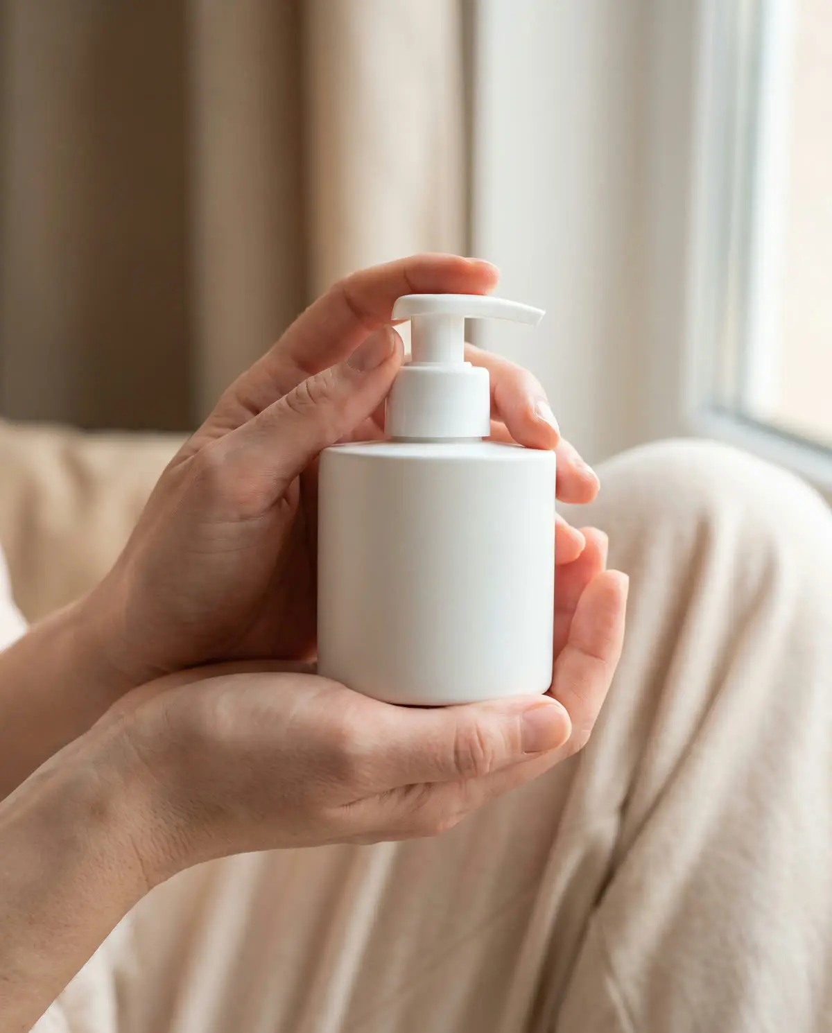 Hands holding a plain white pump jar