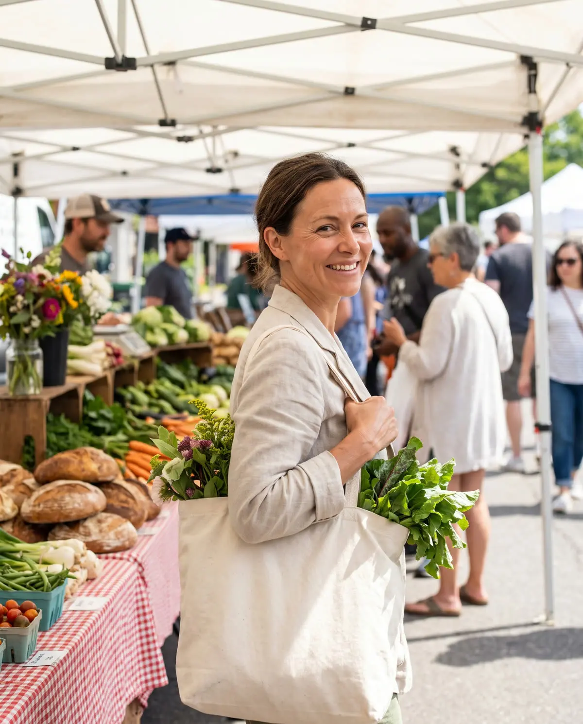 A woman with a tote bag at a farmers market