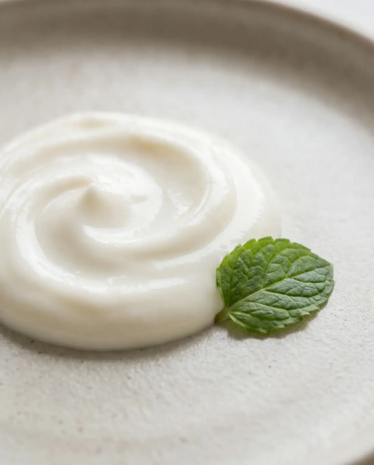 A swirl of white cream with a green leaf