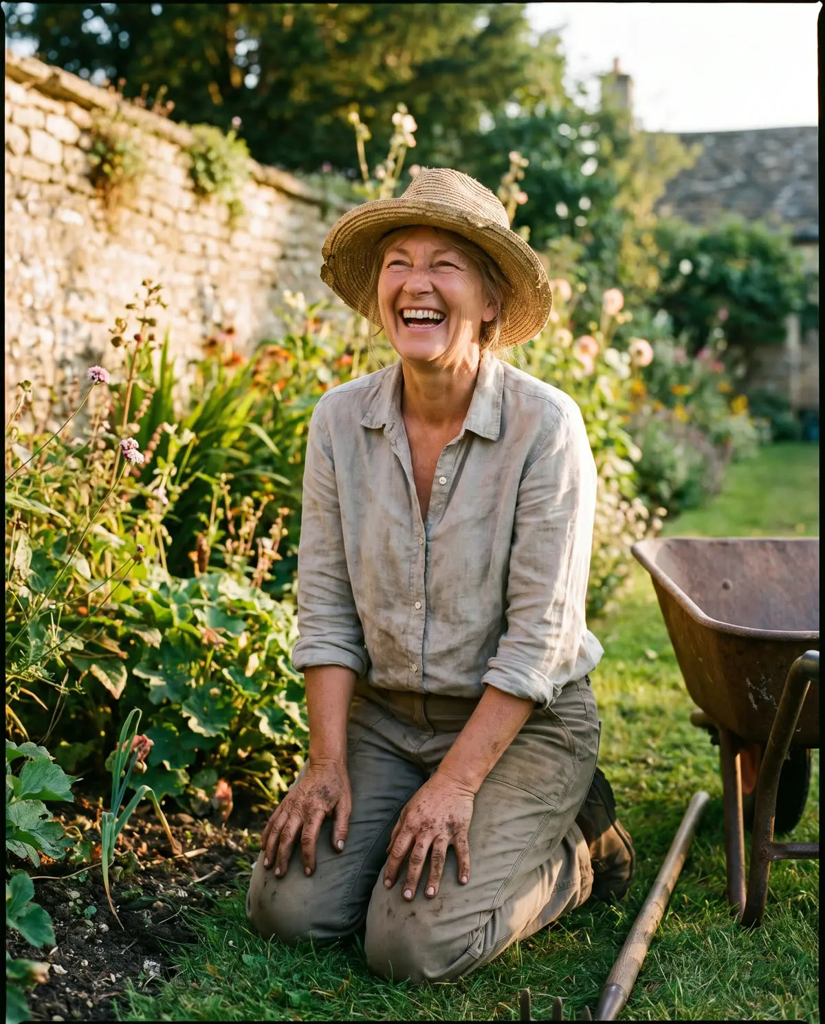 A woman laughing while gardening in a straw hat