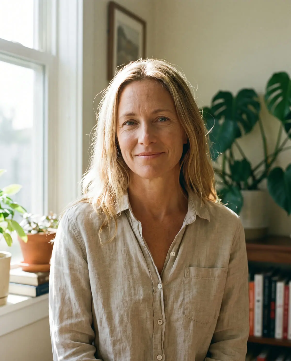A woman in a linen shirt by a sunny window
