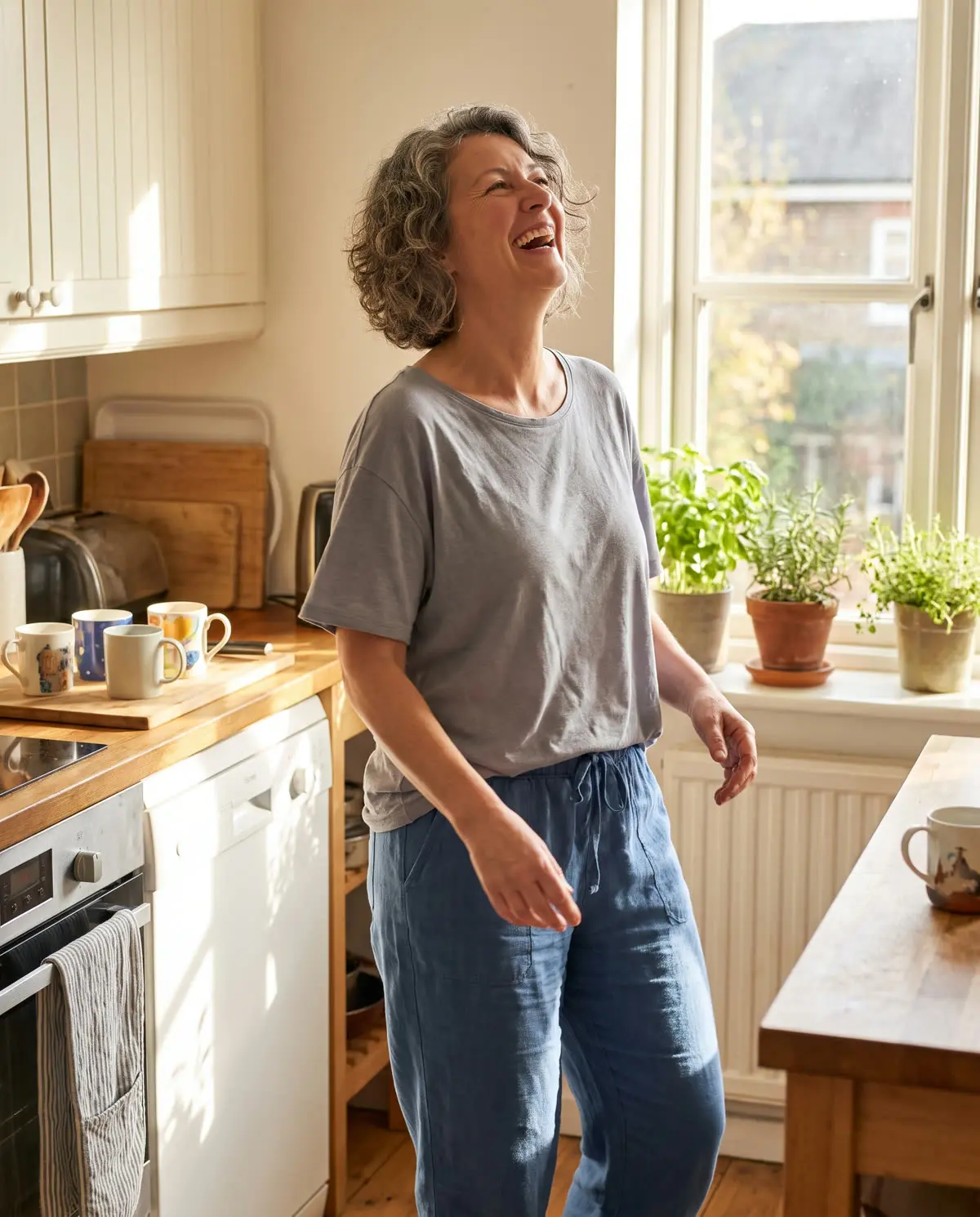 A woman dancing joyfully in her kitchen