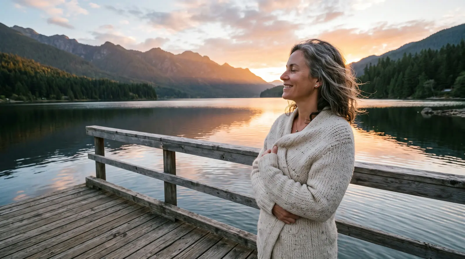 A woman on a lake dock at sunrise