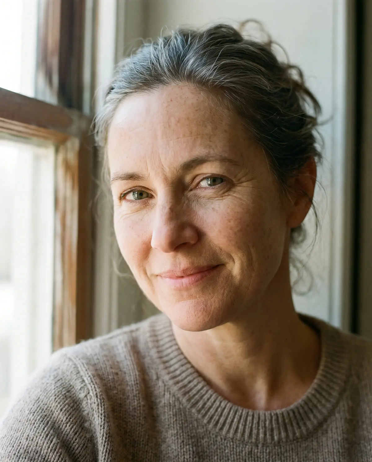 A woman with bright eyes and a soft smile in window light