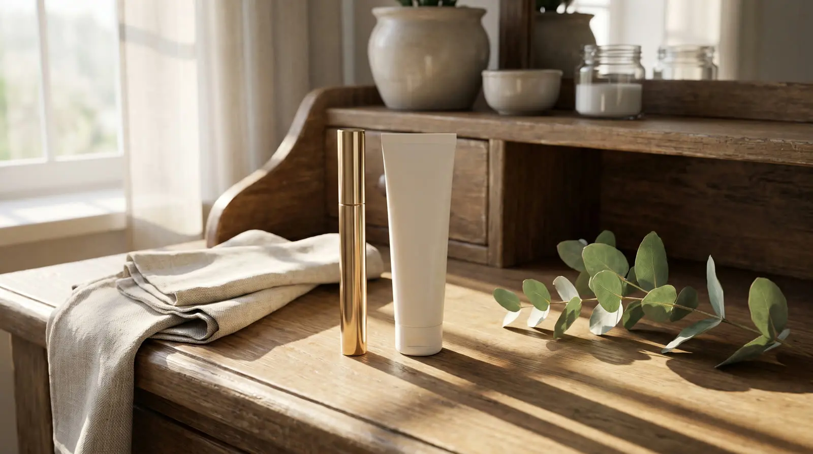 A vanity with a gold-tone applicator wand, tube and eucalyptus