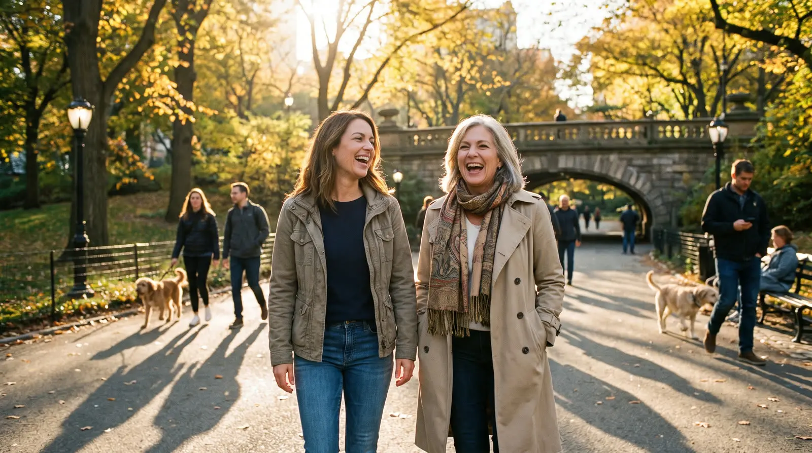 Two friends laughing as they walk through a park
