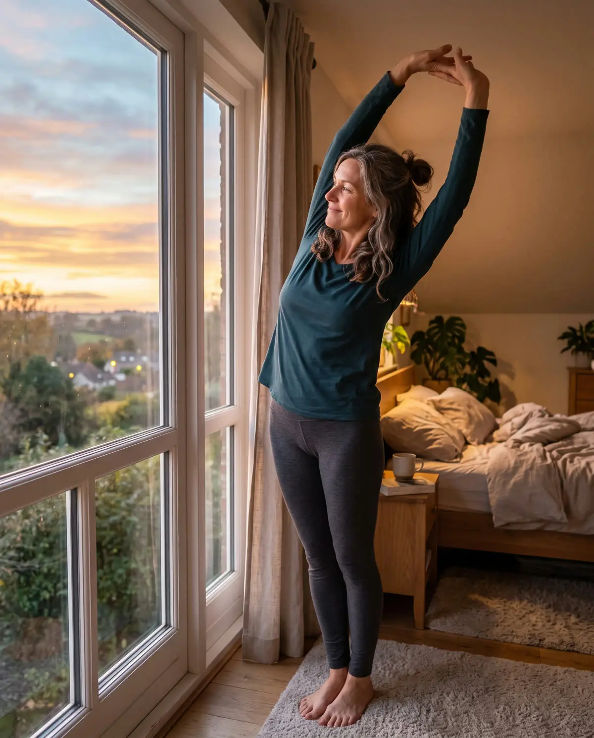 A woman stretching by a window at sunrise