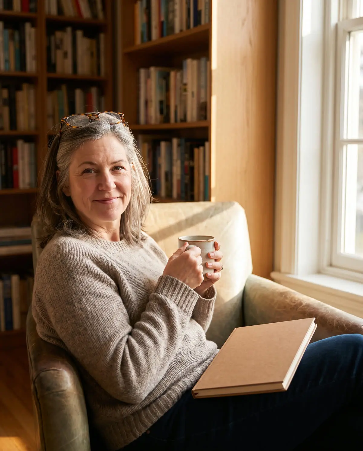 A woman with glasses in her hair relaxing in an armchair