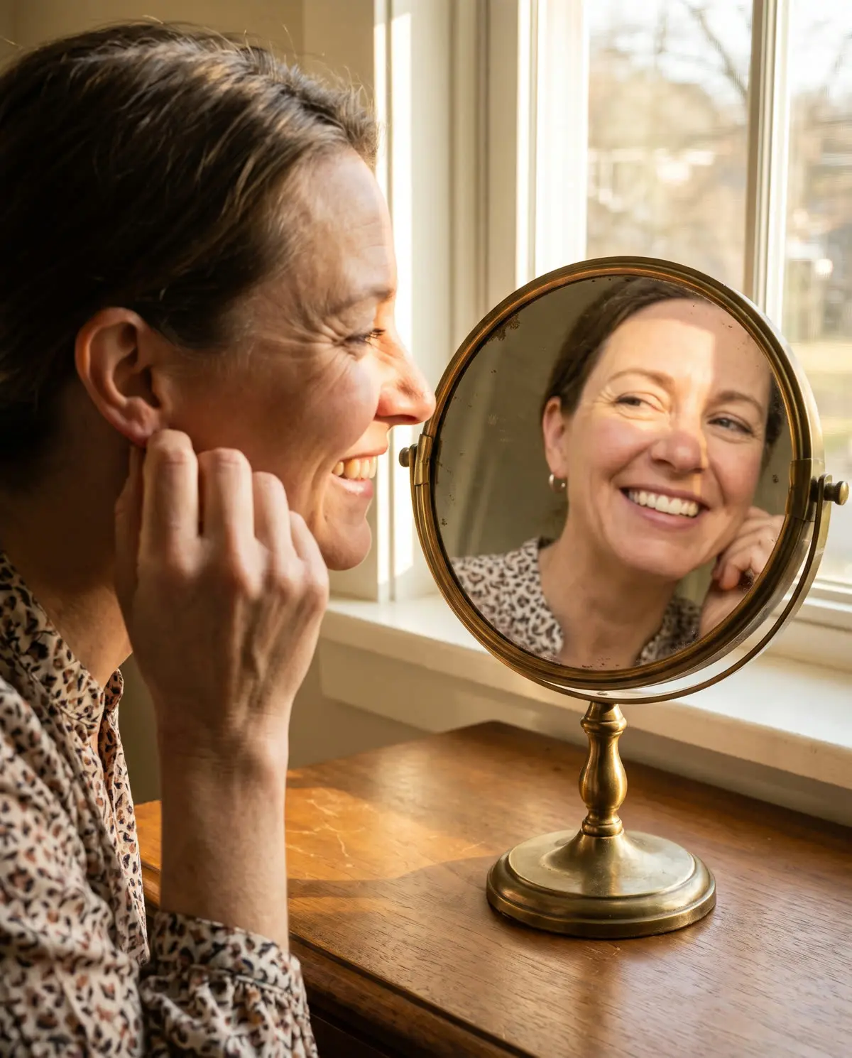 A woman smiling into a small round mirror