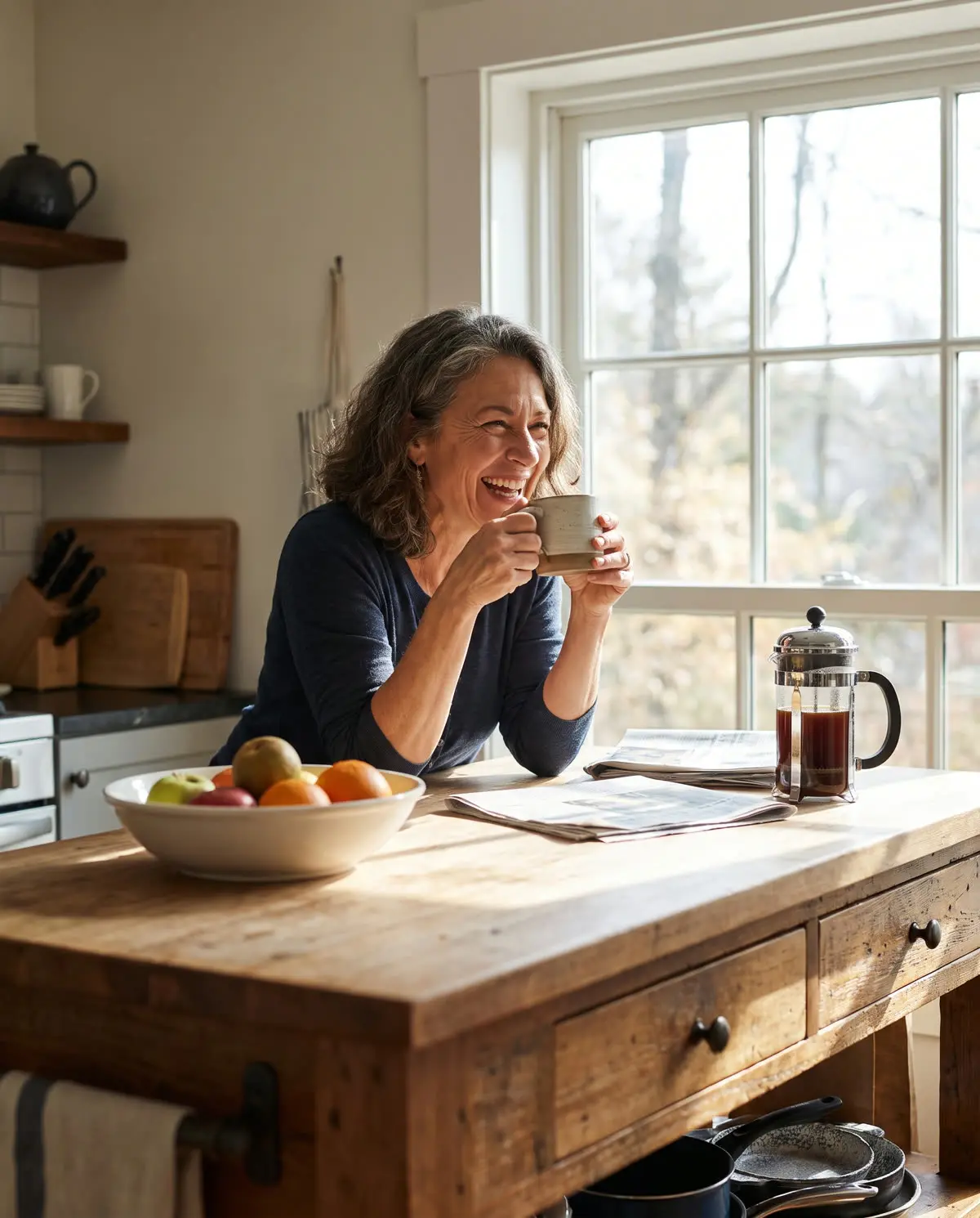 A woman laughing over coffee in a sunny kitchen