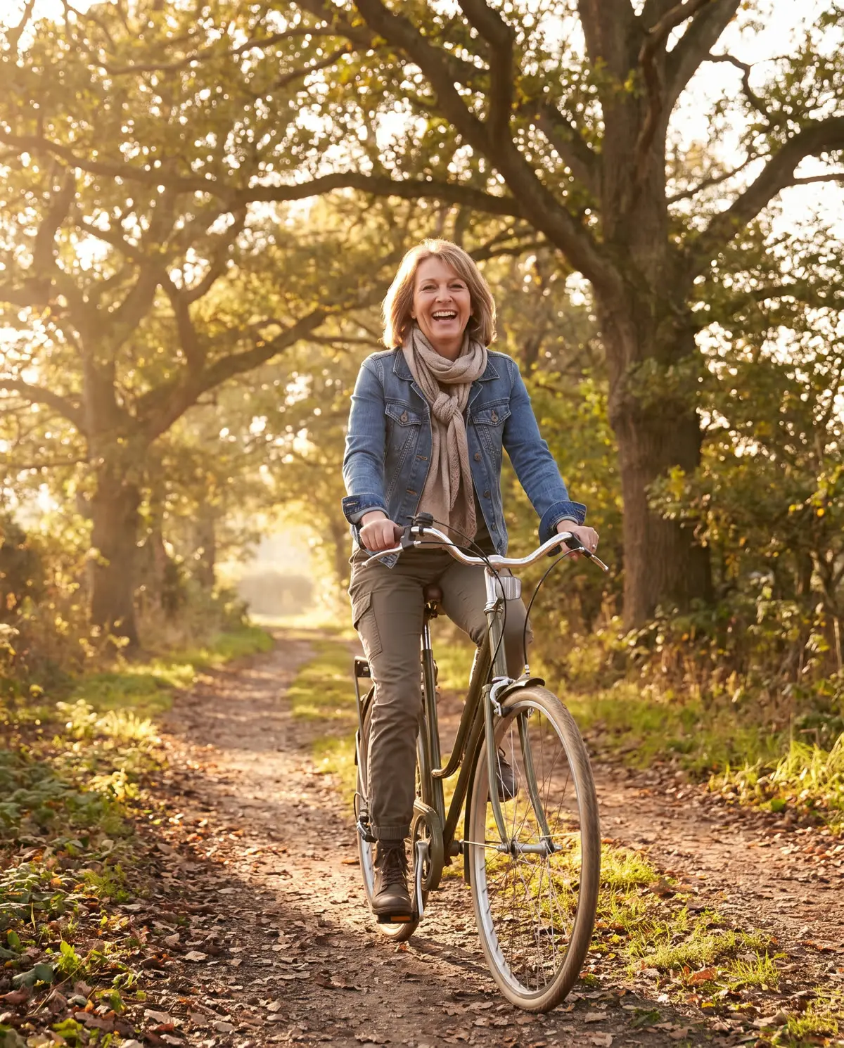 A woman riding a bicycle on a tree-lined path