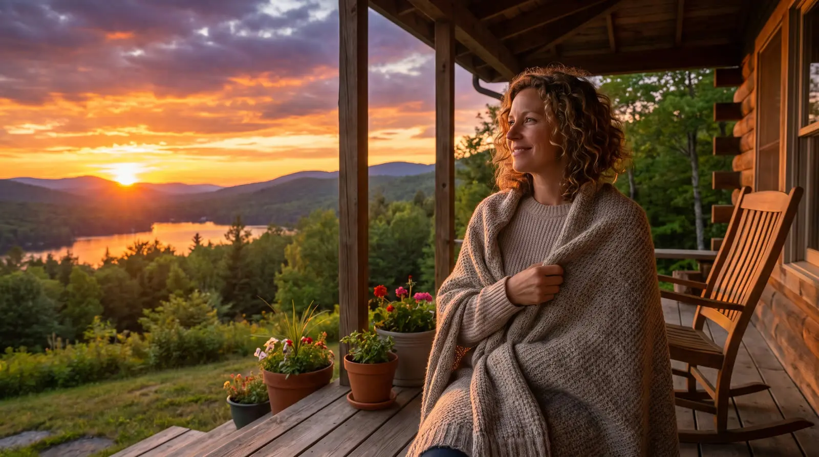A woman watching the sunset from a porch