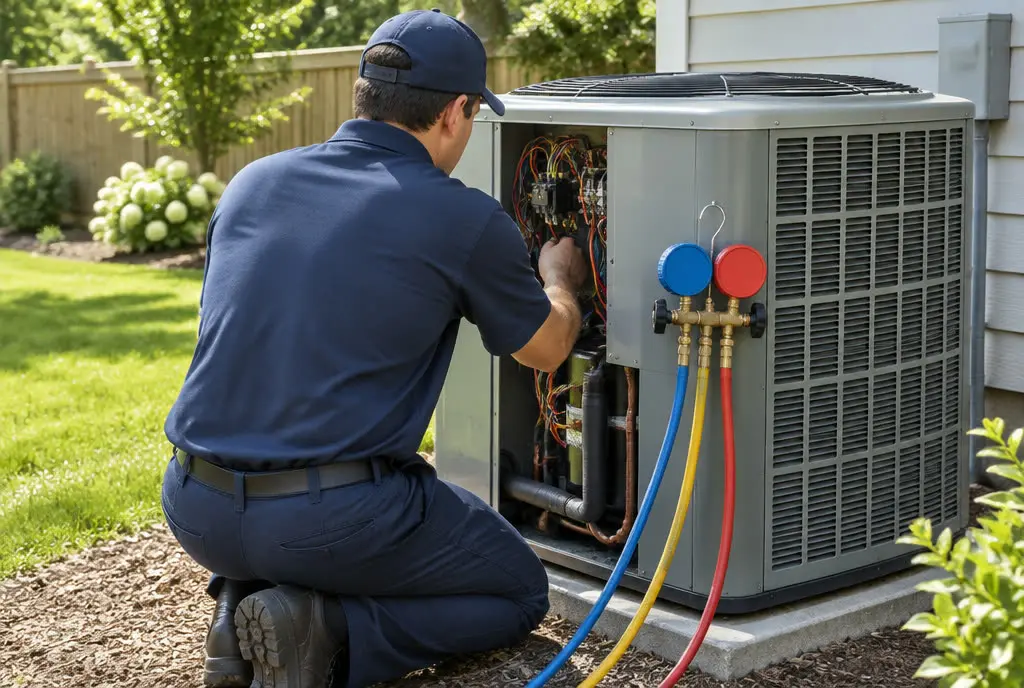 Technician checking refrigerant connections on an outdoor AC condenser