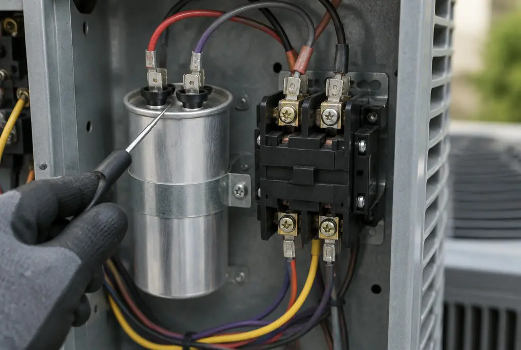 Close-up of a capacitor and contactor inside an AC condenser control panel