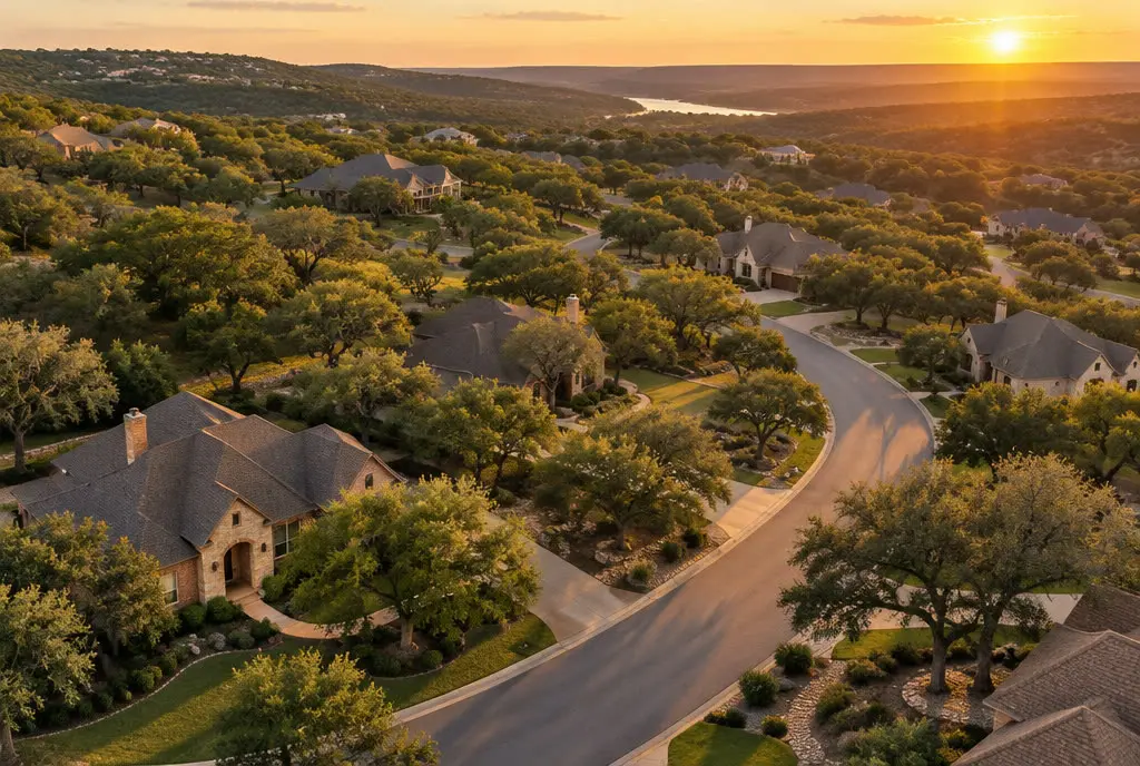 Texas Hill Country neighborhood at golden hour