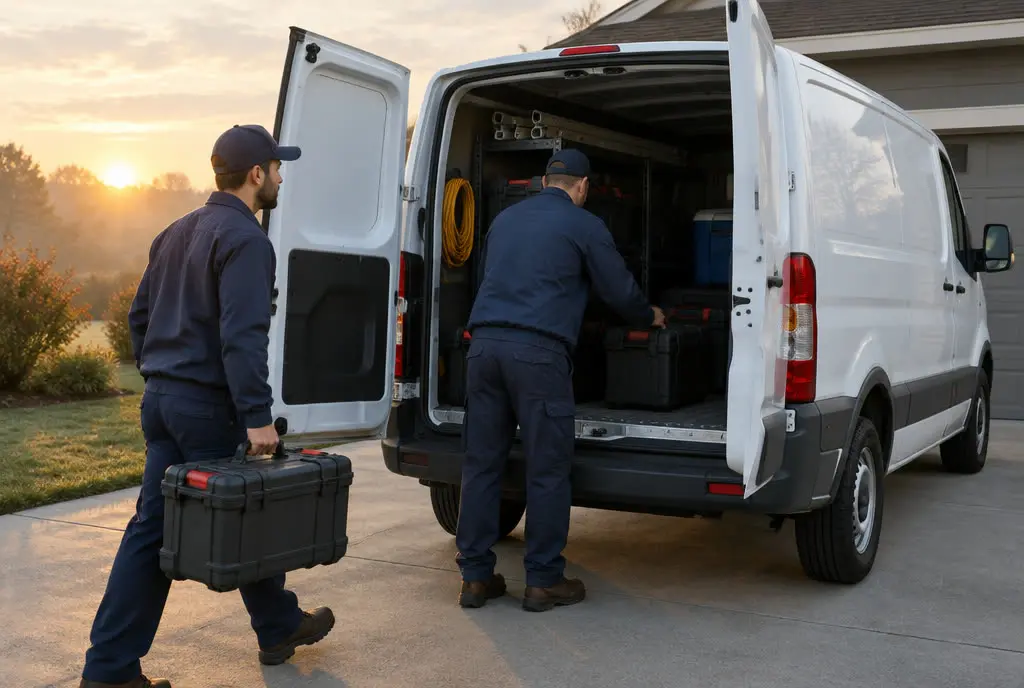 HVAC technicians loading tool cases at sunrise