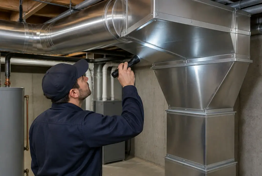 Technician inspecting a duct plenum in a basement utility space