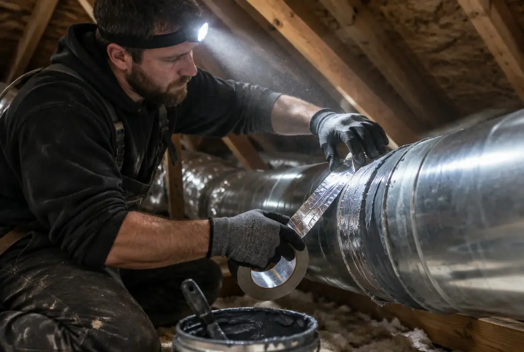 Technician sealing a duct joint in an attic