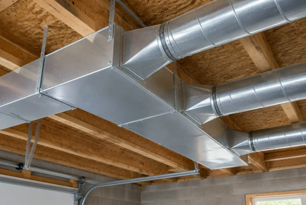 Newly installed sheet-metal trunk duct with branch runs