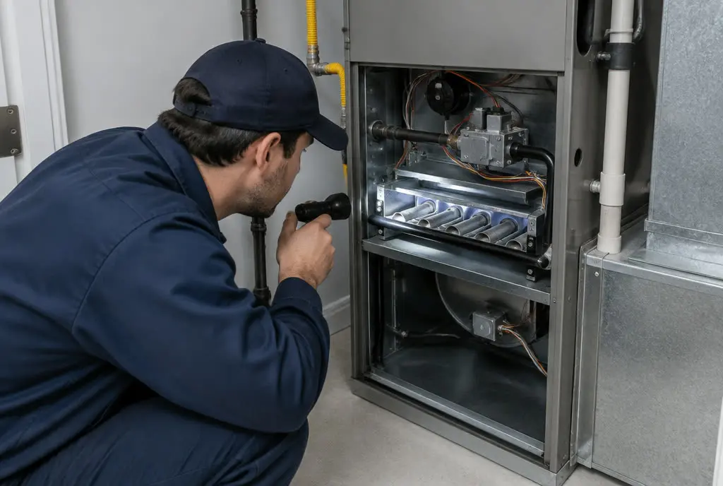 Technician inspecting the burner compartment of a gas furnace