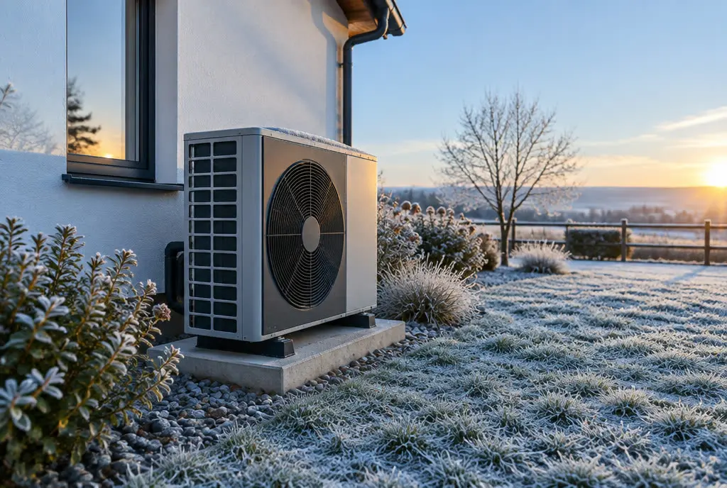 Outdoor heat pump unit on a cold winter morning