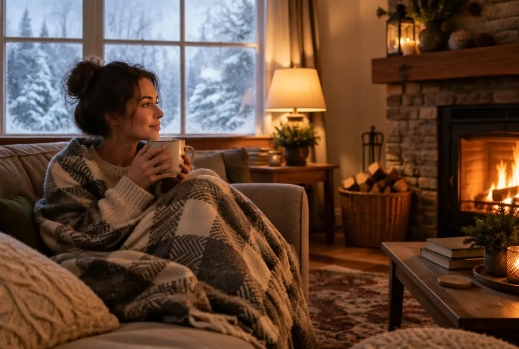 Person wrapped in a blanket enjoying a warm living room