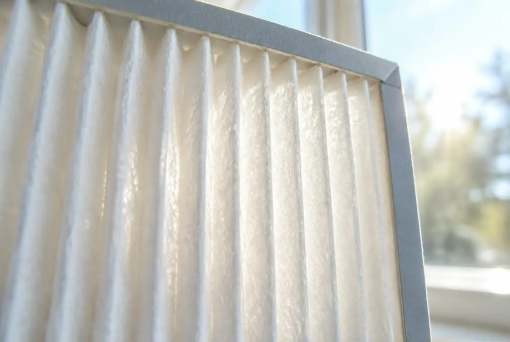 Clean pleated air filter glowing in window light