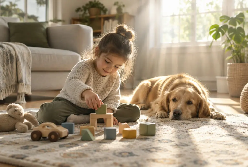 Child and dog playing in a sunlit living room