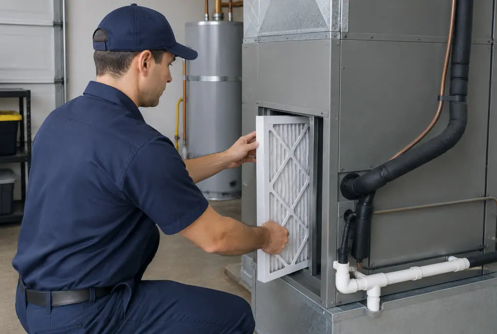 Technician replacing a clean air filter in an indoor air handler